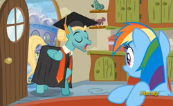 Size: 707x436 | Tagged: safe, derpibooru import, screencap, rainbow dash, zephyr breeze, pegasus, pony, flutter brutter, discovery family logo, graduation, shy family house