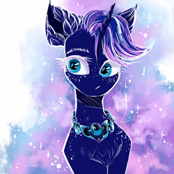 Size: 1280x1280 | Tagged: safe, artist:livitoza, princess luna, alicorn, pony, :/, abstract background, bust, female, horn, jewelry, mare, necklace, portrait, sketch, solo