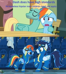 Size: 1280x1439 | Tagged: safe, derpibooru import, edit, edited screencap, screencap, rainbow dash, soarin', zephyr breeze, pegasus, pony, flutter brutter, newbie dash, clothes, discovery family logo, female, floppy ears, hipster, image macro, male, meme, rainbow fash, shipping, soarindash, straight, wonderbolts uniform