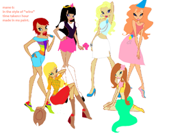 Size: 1121x891 | Tagged: safe, artist:queen luna/luna the great, derpibooru import, applejack, fluttershy, pinkie pie, rainbow dash, rarity, twilight sparkle, clothes, humanized, mane six, midriff, skirt, tiara, winx club