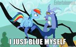 Size: 610x378 | Tagged: safe, discord, rainbow dash, pegasus, pony, three's a crowd, arrested development, blue flu, blue myself, double entendre, innuendo