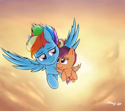 Size: 2000x1777 | Tagged: safe, artist:nobody47, rainbow dash, scootaloo, pegasus, pony, duo, female, flying, scootalove, sky