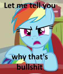 Size: 722x843 | Tagged: safe, derpibooru import, screencap, rainbow dash, pegasus, pony, flutter brutter, angry, let me tell you why that's bullshit, meme, raised hoof, vulgar