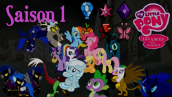 Size: 1920x1080 | Tagged: safe, artist:rose80149, applejack, discord, fluttershy, nightmare moon, pinkie pie, princess luna, rainbow dash, rarity, starlight glimmer, twilight sparkle, oc, oc:snowdrop, alicorn, earth pony, pegasus, pony, unicorn, element of generosity, element of honesty, element of kindness, element of laughter, element of loyalty, element of magic, elements of harmony, french, logo, ponyville