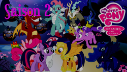 Size: 1920x1080 | Tagged: safe, artist:rose80149, discord, garble, nightmare moon, princess luna, rarity, surprise, twilight sparkle, oc, oc:blitz, oc:burst, oc:dim sum, oc:topsy turvy, alicorn, earth pony, pegasus, pony, unicorn, blitz, burst, french, logo, lovey blubby, mushroom, popping, royal guard, shadowbolts