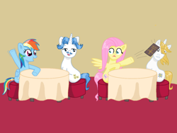 Size: 900x675 | Tagged: safe, artist:ydenne, fancypants, fluttershy, prince blueblood, rainbow dash, pegasus, pony, blueshy, chair, eyes closed, fancydash, female, frown, gritted teeth, male, open mouth, restaurant, scared, shipping, sitting, smiling, spread wings, straight, surprised, waving