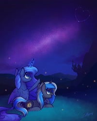 Size: 1638x2048 | Tagged: safe, artist:lollipony, princess luna, oc, oc:equui-nox, alicorn, firefly (insect), insect, pony, unicorn, castle, commission, constellation, duo, female, folded wings, glowing horn, heart, horn, looking up, magic, mare, mountain, night, open mouth, pointing, raised hoof, smiling, stars, wings