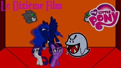 Size: 1280x720 | Tagged: safe, artist:rose80149, princess luna, rarity, twilight sparkle, alicorn, earth pony, ghost, pony, undead, unicorn, boo, dimension room, french