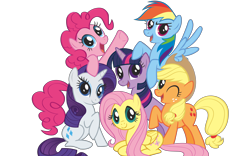 Size: 7238x4524 | Tagged: artist needed, safe, derpibooru import, applejack, fluttershy, pinkie pie, rainbow dash, rarity, twilight sparkle, earth pony, pegasus, pony, unicorn, absurd resolution, female, mane six, mane six opening poses, mare, open mouth, prone, raised hoof, simple background, spread wings, stock vector, transparent background, vector, wings