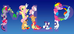 Size: 7200x3300 | Tagged: safe, artist:kimistrylooneyartis, derpibooru import, angel bunny, apple bloom, applejack, fluttershy, gummy, opalescence, pinkie pie, rainbow dash, rarity, scootaloo, spike, sweetie belle, twilight sparkle, winona, dragon, earth pony, pegasus, pony, unicorn, cutie mark crusaders, logo, mane six, my little pony