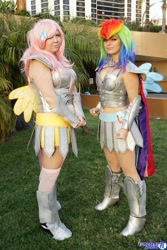 Size: 1365x2048 | Tagged: safe, artist:ladymella, fluttershy, rainbow dash, human, belly button, cosplay, irl, irl human, photo