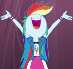 Size: 767x720 | Tagged: safe, derpibooru import, screencap, rainbow dash, equestria girls, friendship games, chs rally song, clothes, cute, dashabetes, feminism, hair, hand, happy, joy, nose, nose in the air, open mouth, rainbow dash always dresses in style, shirt, singing, skirt, sweatshirt, t-shirt, teeth, tongue out, uvula, volumetric mouth