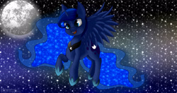 Size: 4096x2160 | Tagged: safe, artist:darbedarmoc, princess luna, alicorn, pony, fangs, moon, royalty, solo, space