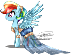 Size: 1200x886 | Tagged: safe, artist:tiffanymarsou, derpibooru import, rainbow dash, pegasus, pony, alternate hairstyle, clothes, dress, gala dress, smiling, solo, spread wings