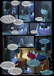 Size: 1240x1754 | Tagged: safe, artist:lunarcakez, princess luna, oc, alicorn, earth pony, pony, comic:the origins of hollow shades, cloak, clothes, comic, male, s1 luna, stallion