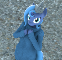 Size: 1116x1080 | Tagged: safe, artist:spinostud, princess luna, anthro, unicorn, 3d, clothes, female, filly, looking at you, moonstuck, paper boat, sfm pony, solo, source filmmaker, sweater, woona, younger