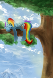 Size: 809x1200 | Tagged: safe, artist:rainbowgambler, derpibooru import, rainbow dash, pegasus, pony, sleeping, solo, tree