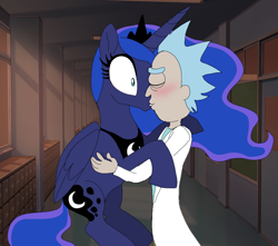 Size: 832x734 | Tagged: safe, artist:unoriginai, princess luna, alicorn, human, pony, blursed image, blushing, crossover, crossover shipping, cursed image, every day we stray further from god's light, female, human on pony action, interspecies, kissing, lunick, male, poe's law, rick and morty, rick sanchez, shipping, straight, surprised, wat, why