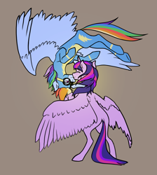 Size: 1807x2020 | Tagged: safe, artist:jykinturah, derpibooru import, rainbow dash, twilight sparkle, twilight sparkle (alicorn), alicorn, pegasus, pony, clothes, female, goggles, lesbian, shipping, simple background, twidash, upside down, wonderbolts uniform