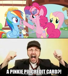 Size: 960x1080 | Tagged: safe, derpibooru import, screencap, fluttershy, pinkie pie, rainbow dash, earth pony, pegasus, pony, flutter brutter, bat credit card, batman, boop, credit card, meme, noseboop, nostalgia critic, wallet