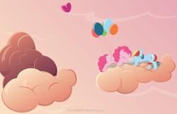 Size: 5100x3300 | Tagged: safe, artist:civwub, derpibooru import, pinkie pie, rainbow dash, earth pony, pegasus, pony, balloon, cloud, cloudy, female, lesbian, pinkiedash, shipping, then watch her balloons lift her up to the sky