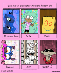 Size: 761x911 | Tagged: safe, artist:cartuneslover16, princess luna, alicorn, anthro, human, pony, rabbit, animal, bunsen beast, bunsen is a beast, clothes, codename kids next door, crossover, ed edd n eddy, ethereal mane, female, kelly, mare, max, nigel uno, open mouth, peytral, plank, sam and max, six fanarts, smiling, star vs the forces of evil, starry mane, sunglasses