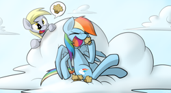 Size: 1980x1079 | Tagged: safe, artist:yoshimaru, derpy hooves, rainbow dash, pegasus, pony, cloud, cloudy, eating, female, food, mare, muffin, observer, pictogram, speech bubble