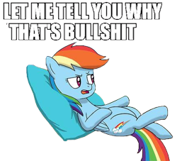 Size: 429x390 | Tagged: safe, rainbow dash, pegasus, pony, blue coat, female, image macro, mare, multicolored mane, solo, vulgar