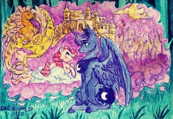 Size: 1280x881 | Tagged: safe, artist:laps-sp, pinkie pie, princess luna, alicorn, earth pony, pony, siren, fanfic:the enchanted kingdom, castle, fanfic art, female, mare, sitting, smiling, traditional art