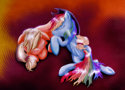 Size: 1667x1200 | Tagged: safe, artist:leyanor, derpibooru import, applejack, rainbow dash, earth pony, pegasus, pony, appledash, female, lesbian, shipping, sleeping