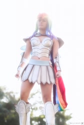 Size: 853x1280 | Tagged: safe, artist:ladymella, rainbow dash, human, armor, armor skirt, belly button, clothes, cosplay, crystal guard armor, irl, irl human, legs, photo, skirt, solo