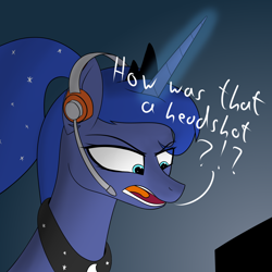 Size: 2000x2000 | Tagged: safe, artist:ngnir, princess luna, alicorn, pony, angry, atg 2020, bust, dialogue, exclamation point, female, gamer luna, headset, high res, magic, mare, newbie artist training grounds, open mouth, ponytail, portrait, question mark, solo, telekinesis