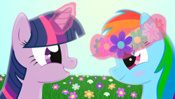 Size: 5300x3000 | Tagged: safe, artist:galekz, rainbow dash, twilight sparkle, pegasus, pony, absurd resolution, female, flower, lesbian, magic, shipping, twidash