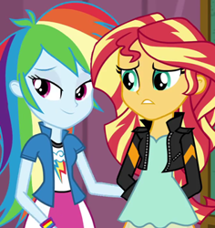 Size: 330x350 | Tagged: safe, derpibooru import, screencap, rainbow dash, sunset shimmer, equestria girls, friendship games, cropped