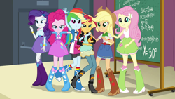 Size: 1280x720 | Tagged: safe, derpibooru import, screencap, applejack, fluttershy, pinkie pie, rainbow dash, rarity, sunset shimmer, equestria girls, friendship games