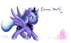 Size: 4719x2833 | Tagged: safe, artist:coco-drillo, princess luna, alicorn, pony, chasing dreams, clothes, dreams, ear fluff, female, filly, leg fluff, natg2020, newbie artist training grounds, running, shoes, simple background, solo, spread wings, wings, woona, younger