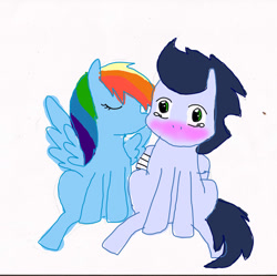 Size: 1024x1019 | Tagged: safe, artist:1231redflame, rainbow dash, soarin', pegasus, pony, blushing, female, kiss on the cheek, kissing, male, shipping, soarindash, straight