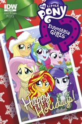 Size: 988x1500 | Tagged: safe, derpibooru import, idw, applejack, fluttershy, pinkie pie, rainbow dash, rarity, sunset shimmer, equestria girls, spoiler:comic, happy holidays, hat, santa hat, tongue out