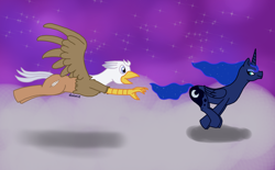 Size: 1798x1113 | Tagged: safe, artist:dzamie, princess luna, oc, oc:silver quill, alicorn, hippogriff, pony, female, male, mare, newbie artist training grounds