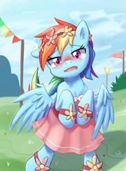 Size: 737x1000 | Tagged: safe, artist:aymint, rainbow dash, pegasus, pony, rainbow falls, bipedal, blushing, cheerleader, clothes, cute, dashabetes, dress, embarrassed, explicit source, female, flower, flower in hair, grass, grass field, jewelry, looking at you, mare, open mouth, pink, pixiv, rainbow dash always dresses in style, scene parody, skirt, solo, spread wings