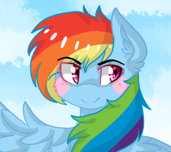 Size: 648x576 | Tagged: safe, artist:smoup, rainbow dash, pegasus, pony, blue coat, blushing, female, mare, multicolored mane, solo