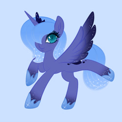 Size: 3000x3000 | Tagged: safe, artist:tosh03x, princess luna, alicorn, pony, art, blue, blue background, cute, female, freckles, fullbody, high res, jewelry, looking at you, simple art, simple background, solo, stars, wings