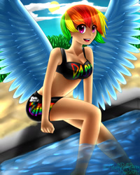 Size: 1152x1440 | Tagged: safe, artist:fluffypuffybunny, rainbow dash, human, belly button, bikini, clothes, humanized, light skin, solo, swimsuit, winged humanization