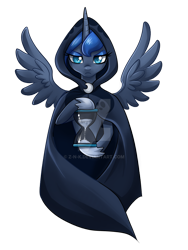 Size: 900x1200 | Tagged: safe, artist:ailish, princess luna, alicorn, pony, cloak, clothes, deviantart watermark, female, hourglass, looking at you, mare, obtrusive watermark, simple background, solo, spread wings, transparent background, watermark, wings