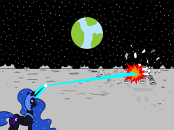 Size: 900x675 | Tagged: safe, artist:captain tortoise, derpibooru exclusive, nightmare moon, princess luna, alicorn, pony, american flag, astronaut, destruction, earth, explosion, fight, flag, laser, lunar lander, lunar module, moon, planet, scenery, space, stars