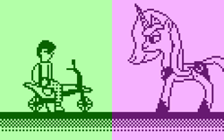 Size: 512x320 | Tagged: safe, artist:derek the metagamer, derpibooru exclusive, princess luna, oc, oc:dirk wise, alicorn, human, season 1, 1-bit, aseprite, green, motorcycle, pink, pixel art