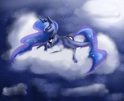 Size: 1600x1308 | Tagged: safe, artist:sorionn, princess luna, alicorn, pony, cloud, eyes closed, female, lying down, lying on a cloud, mare, night, on a cloud, prone, sky, smiling, solo