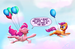 Size: 4018x2627 | Tagged: safe, artist:xbi, derpibooru import, pinkie pie, rainbow dash, scootaloo, earth pony, pegasus, pony, absurd resolution, balloon, cloud, cute, cutealoo, diapinkes, eyes closed, flapping, flying, happy, hnnng, looking back, missing cutie mark, open mouth, scootaloo can fly, scootalove, sky, smiling, string, then watch her balloons lift her up to the sky, wallpaper