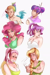 Size: 1280x1920 | Tagged: safe, artist:sundown, derpibooru import, applejack, fluttershy, pinkie pie, rainbow dash, rarity, twilight sparkle, alternate hairstyle, blood, blushing, breasts, elf ears, female, hootershy, horned humanization, humanized, mane six, pinkie pies, ponytail, raritits, scar, smoking, winged humanization