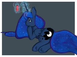 Size: 1881x1391 | Tagged: safe, artist:dummyhorse, princess luna, alicorn, pony, cellphone, female, folded wings, frame, glowing horn, gray background, horn, lonely, looking at something, looking up, magic, mare, phone, prone, sad, simple background, smartphone, solo, wings